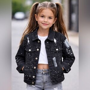 Kids' Unisex Black with White Splatter Denim Distressed Jean Button Up Jacket